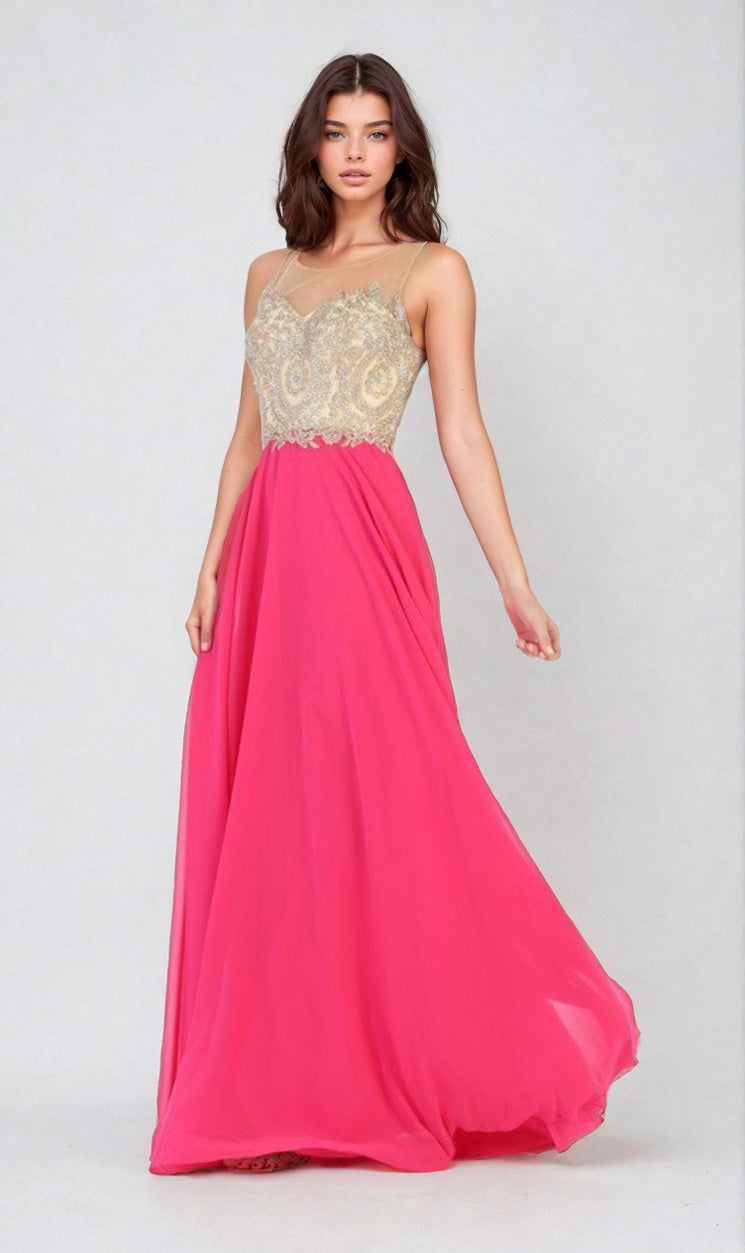 A woman models the Embroidered-Bodice Long Prom Dress: Chicas C3320, showcasing gold embroidery on the bodice and a flowing bright pink skirt, set against a plain light background.